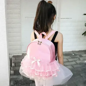 Pink ballet dance backpack with layered lace tutu trim and satin bow detail for girls