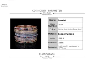 Detailed specifications table of micro-pave zircon bangles in copper and three metal tones