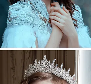 Detailed view of silver crown with rhinestones and white feather embroidered cape