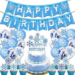 Snowflake Ice Theme Birthday Party Decoration Banner Balloons Cake Topper Winter Wonderland Party Supplies Blue White