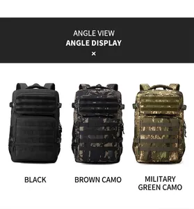Tactical travel backpacks in black, brown camo, and army green camo with MOLLE straps