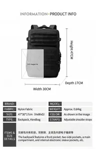 Detailed size specifications of the black nylon travel backpack with internal layout diagram