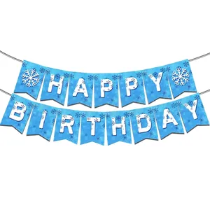 Blue snowflake Happy Birthday banner set for winter frozen theme party decorations