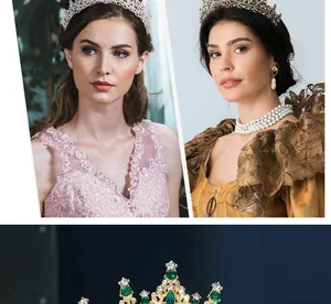 Close-up of luxury Baroque alloy crown with white rhinestones and emerald-green teardrop gems