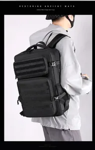 Side view of men's large black tactical travel backpack with ergonomic straps