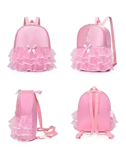 Pink dance backpack for girls featuring tutu mesh layers and bow from four viewing angles