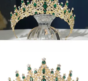 Detailed macro of vintage gold crown with emerald green gems and white rhinestones