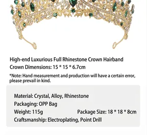 Detail of gold crystal crown with green rhinestones and 15x15x6.7cm dimensions
