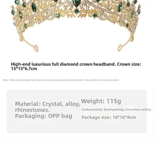 Detail of gold crystal crown with green rhinestones and 15x15x6.7cm dimensions