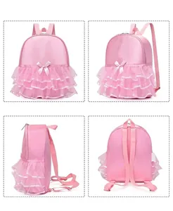 Detail view of pink ballet backpack featuring satin fabric with layered organza ruffles