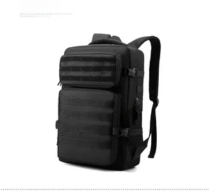 Side view of black tactical travel backpack with Molle system and padded shoulder straps