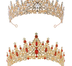 Detailed comparison of gold crowns featuring red and clear rhinestones for weddings