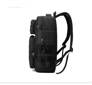 Side view of black tactical travel backpack showing MOLLE system and mesh side pocket