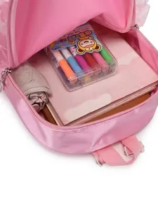 Pink dance backpack for girls showing large capacity interior with school supplies