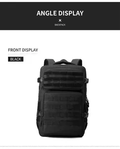 Front view of black tactical backpack featuring three-layer MOLLE webbing system and pockets