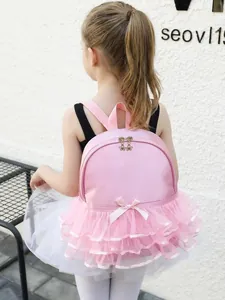 Pink children's ballet dance backpack with layered lace tutu and sweet bow detail