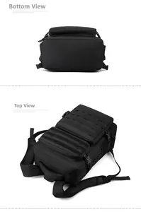 Detail view of black tactical travel backpack with Molle system and padded mesh straps