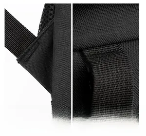 Close-up of reinforced stitching on heavy-duty black nylon strap for men travel backpack