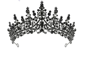 Macro shot of gothic black alloy bridal crown featuring intricate rhinestones and crystals