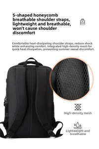 Detail of S-shaped breathable honeycomb mesh shoulder straps on black travel backpack