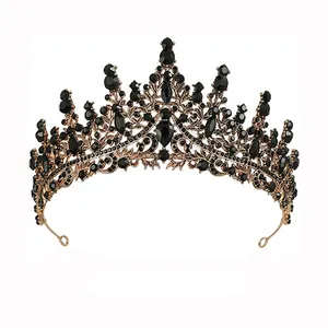 Gothic black rhinestone tiara in vintage gold metal for Halloween weddings