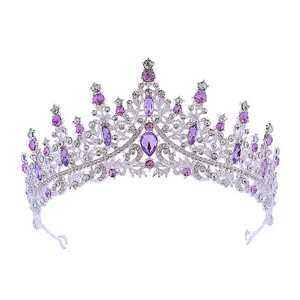 Silver alloy crown with purple crystals and white rhinestones for wedding and party