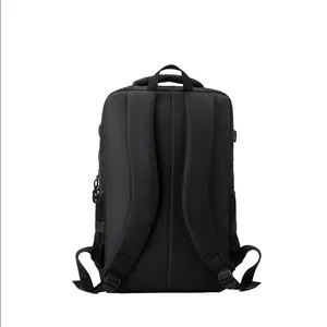 Black travel backpack with padded shoulder straps and side mesh pockets for men