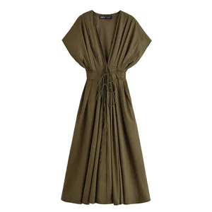 Damen V-Ausschnitt Kurzarm Kleid Mit Kordelzug Einfarbig Netz Polyester Casual Streetwear Urlaub Strand Party Kleid