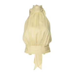 Détail du haut licou en satin jaune clair montrant les plis du cou et les liens