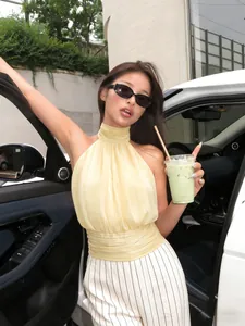 Débardeur Sexy Dos Nu Sans Manches pour Femme Été Col Halter Plissé Camisole Coupe Ajustée Gilet Court Clubwear