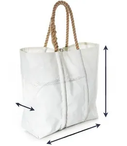 Detailed size chart showing 15x14x3 inch dimensions of white canvas tote bag