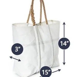 White canvas tote bag with rope handles showing 15x14x3 inch product dimensions