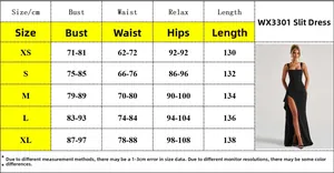 Size chart for elegant black slim-fit maxi dress featuring a side slit and square neck