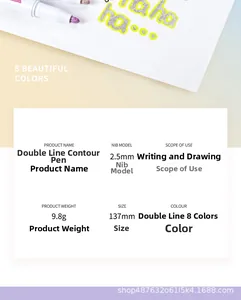 Detail showing 2.5mm nib specs and 137mm size of the 8-color outline marker pen set