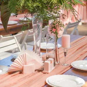 Pink boho cheesecloth table runner with natural wrinkles for elegant wedding decor