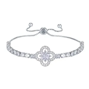 Bracelet trèfle à quatre feuilles en argent avec zircons et chaîne réglable femme
