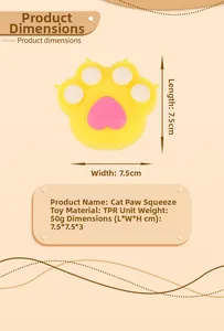 Detailed view of yellow cat paw stress toy with pink heart and dimensions 7.5x7.5x3cm