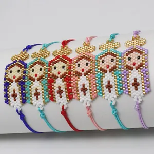 Set of 6 handmade Miyuki bead bracelets featuring colorful Virgin Mary patterns