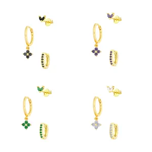 Parure trèfle en argent S925 plaqué or avec boucles d'oreilles en zircons colorés