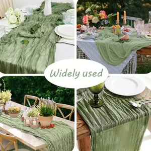 Detailed texture of sage green cheesecloth table runner for weddings and party decor