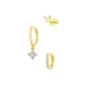 Ensemble de trois paires de boucles d'oreilles trèfle en argent S925 plaqué or