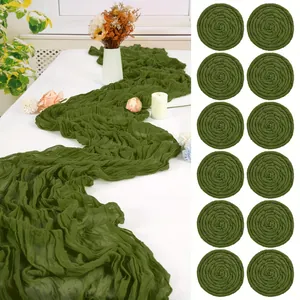 Detailed close-up of 12 pack olive green cheesecloth table runners with crinkle texture