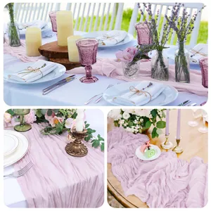 Detailed texture of light purple cheesecloth table runner for bohemian wedding decor