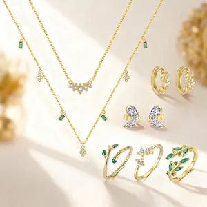 925 Sterling Silber Schmuckset Für Damen 18K Vergoldet Grün Nano Zirkonia Blatt Blume Halskette Ohrringe Öffnungsringe