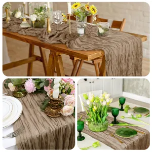 Close-up of coffee brown cheesecloth table runner with natural pleated texture and fabric detail