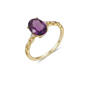 925 Sterling Silver Ring 18K Gold Plated Oval Purple Zirconia Gemstone Chain Link Braided Design Jewelry For Women Finger Ring