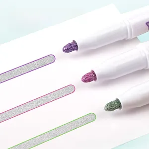 Macro view of metallic double line outline pens showing fiber tips and glitter ink effects