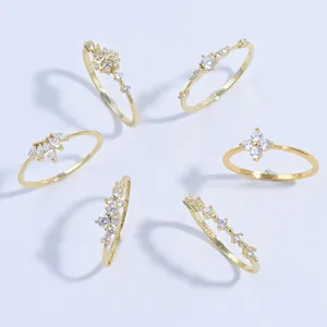 Set of 6 minimalist S925 sterling silver 18K gold plated rings with zircon stones