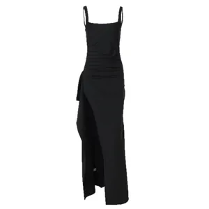 Elegant black square neck spaghetti strap maxi dress with ruching and side high slit