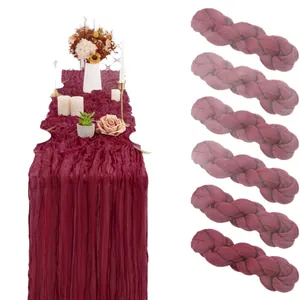 Set of 6 burgundy cheesecloth table runners with bohemian gauze texture for wedding decor